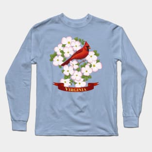 Virginia State Cardinal Bird and Dogwood Flower Long Sleeve T-Shirt